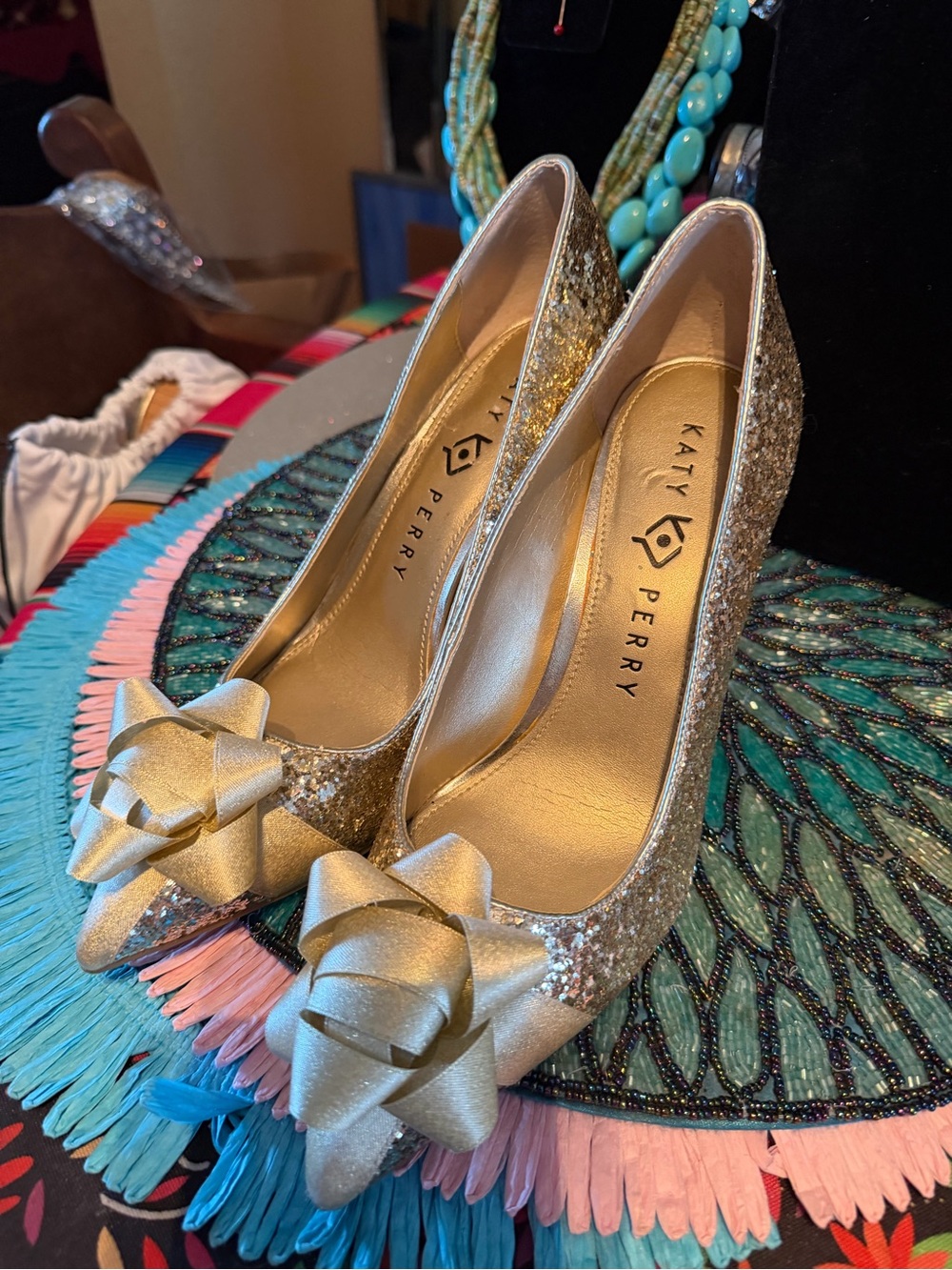 Gold Glitter & Revival Satin Bow Pumps